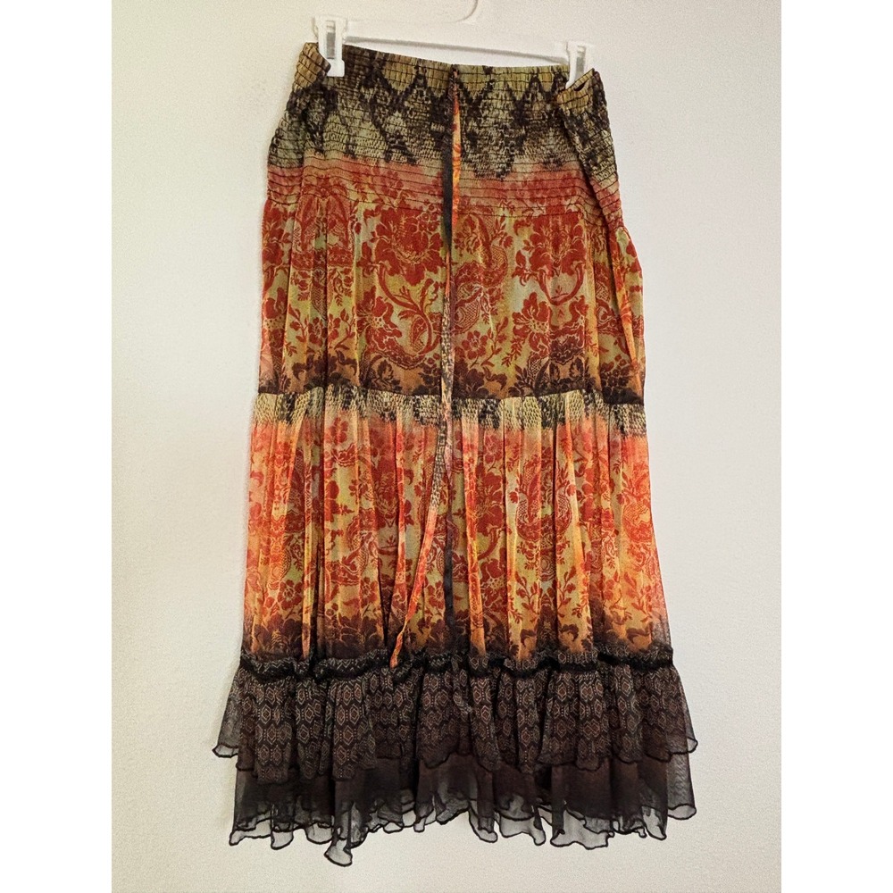 Lapis Boho Tiered Maxi Skirt XL Orange Red Floral Smocked Waist Mesh Ruffle Hem